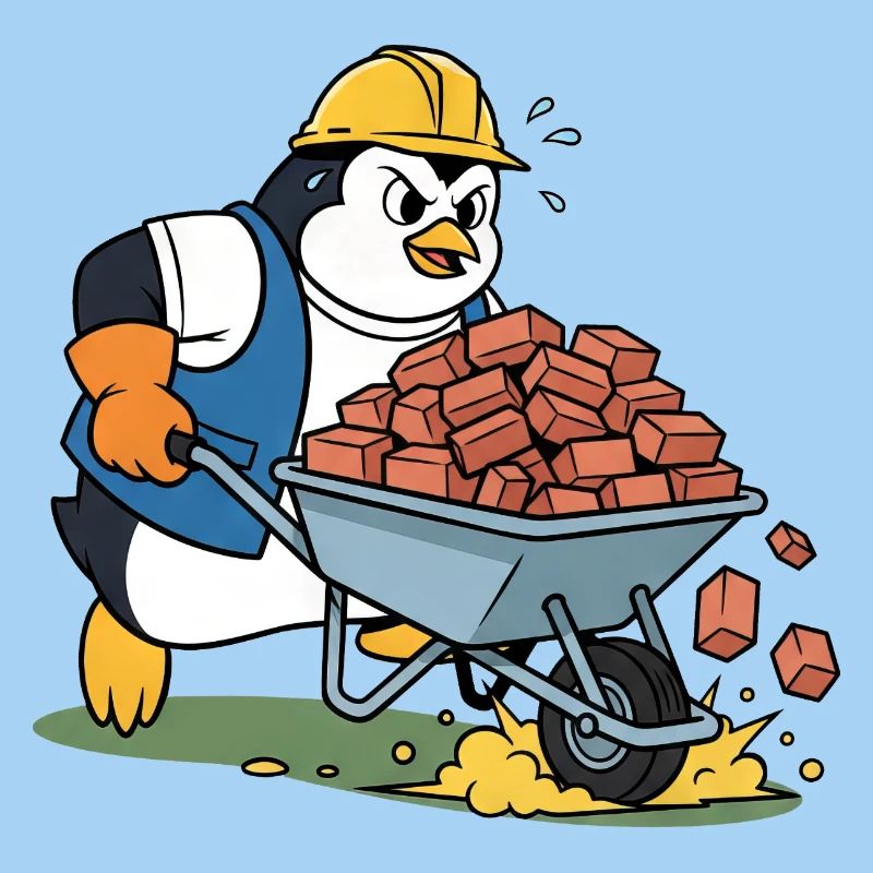 Cute penguin craftsman construction worker construction site