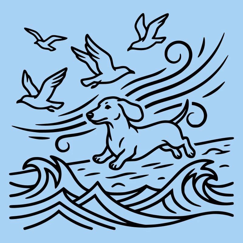 Dachshund on the beach Seagulls Waves Sea Moin
