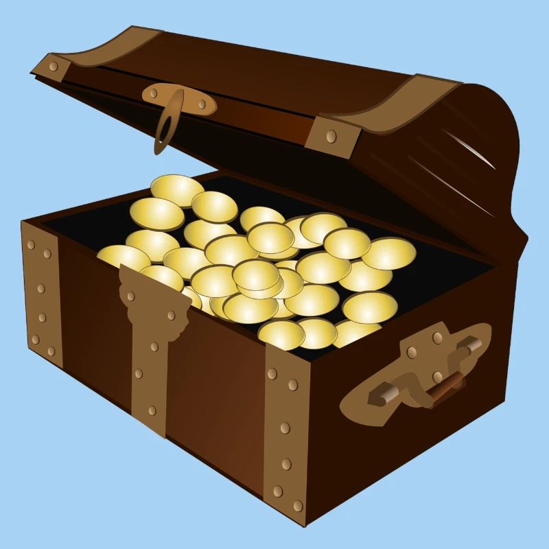 Braune Schatztruhe mit Gold gefüllt. Geschenkidee.