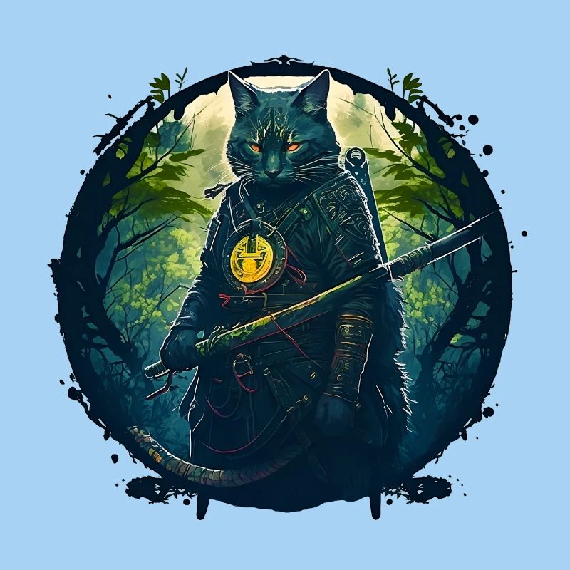 Katze als Samurai in Wald