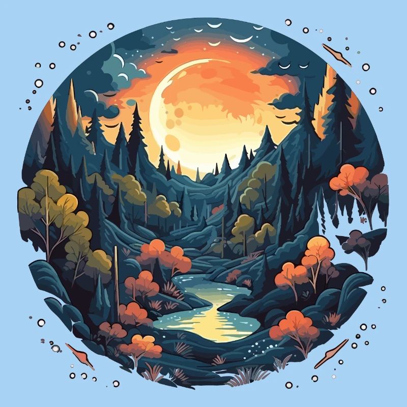 Surreal forest scenery at night