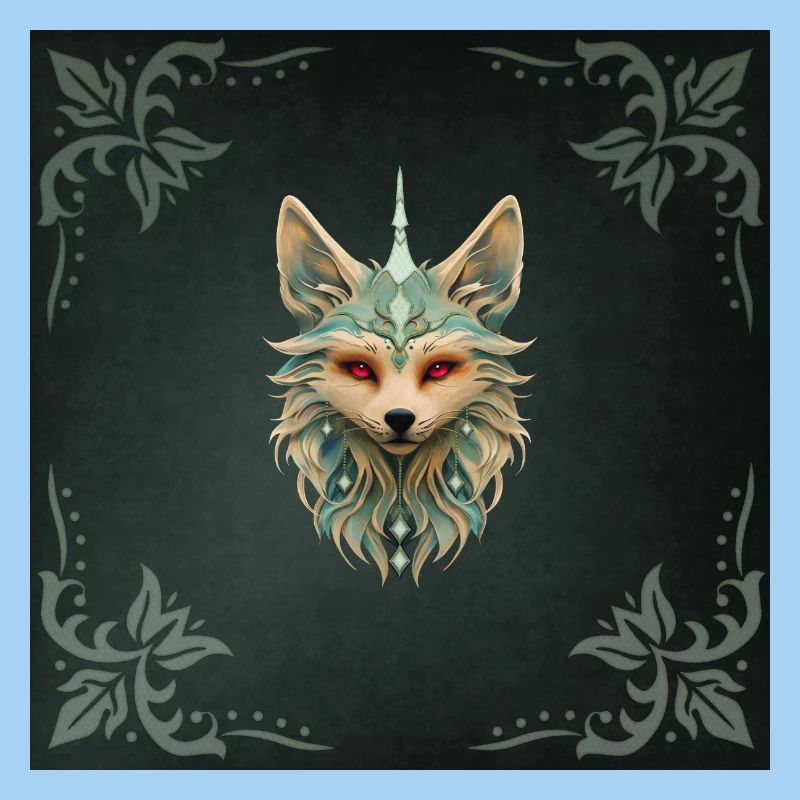 Mystical fox with piercing red eyes.