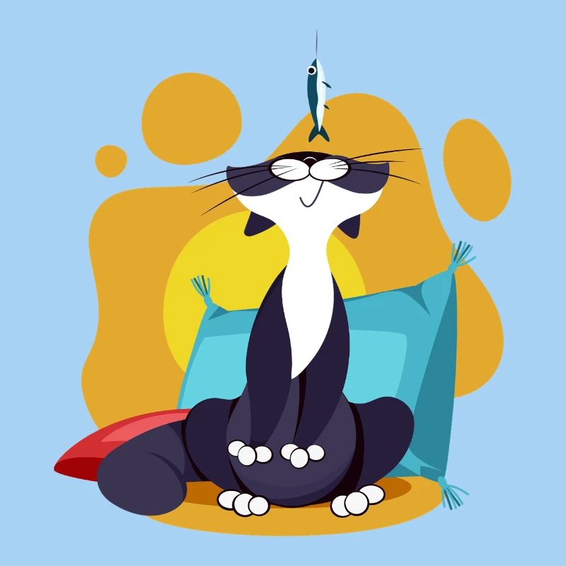 Katze schnüffelt an einer Sardine Bunte Comic Comic Karikatur