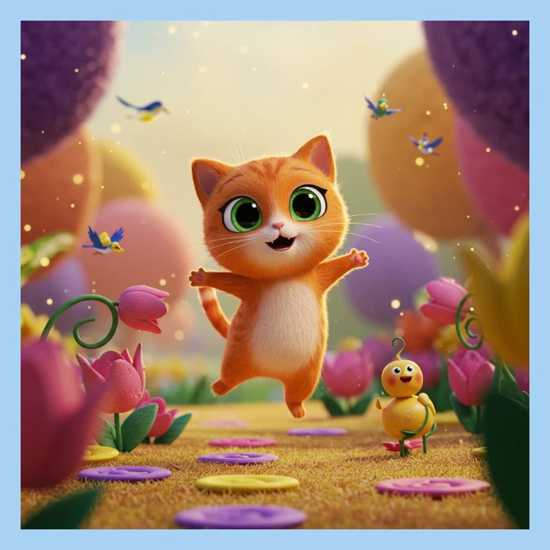 Le chaton saute à travers le royaume des fleurs