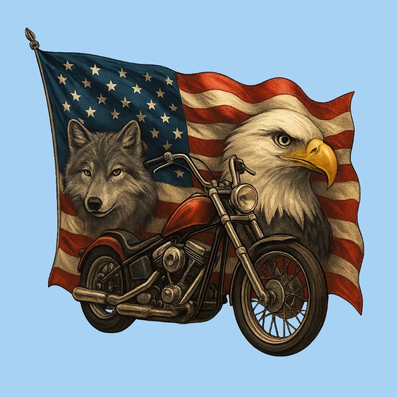 Chopper, wolf and eagle on US flag