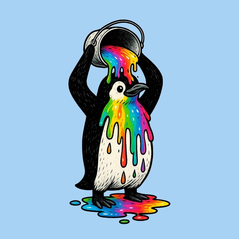 Bunter Pinguin mit Farbeimer