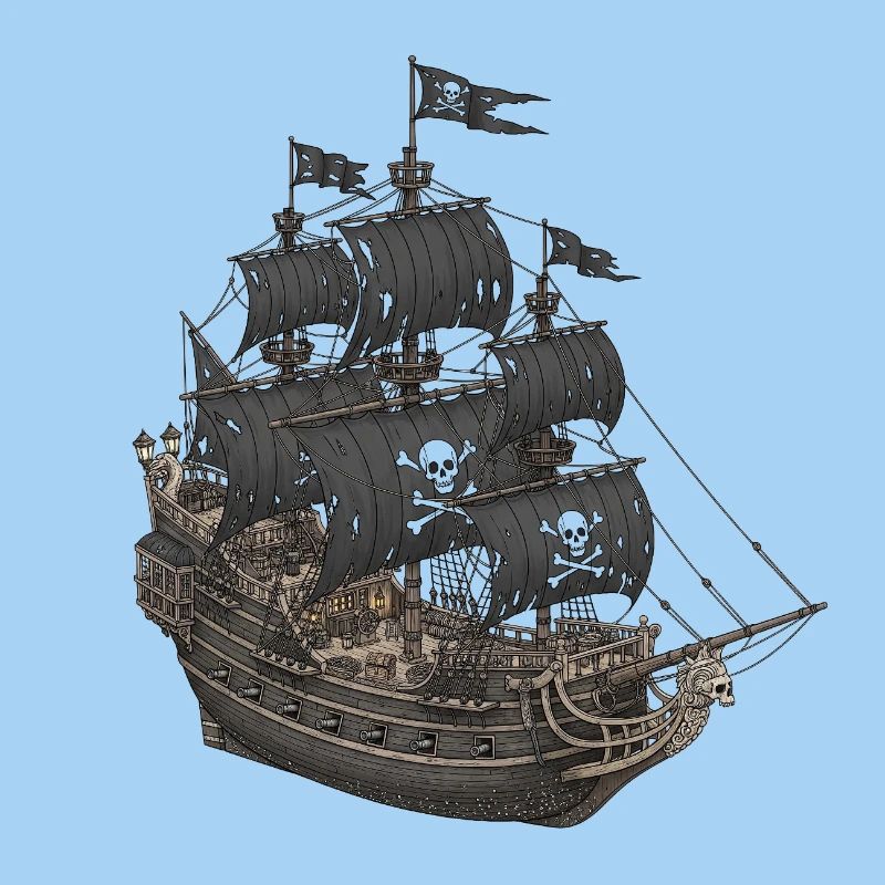 Abandoned pirate ship with skull logo