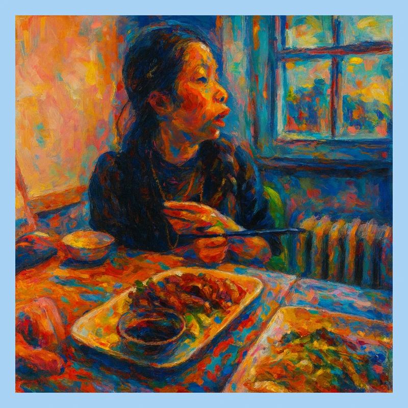 Portrait expressif de la réflexion et du repas
