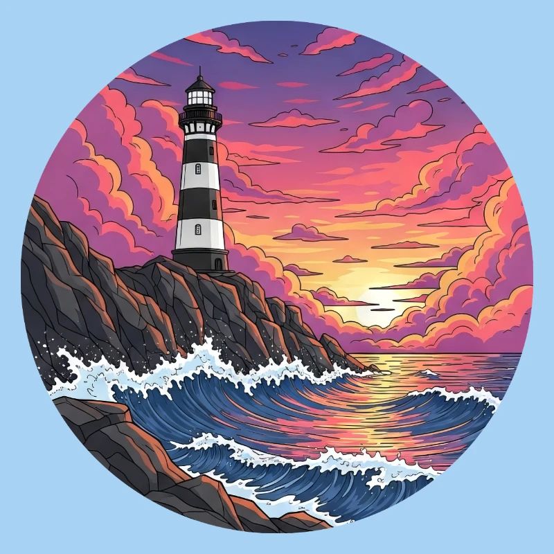 Comic Lighthouse Sea Surf Sunset
