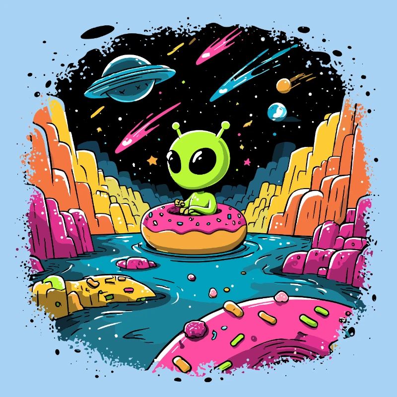 Petit extraterrestre sur beignet dans un cosmos coloré