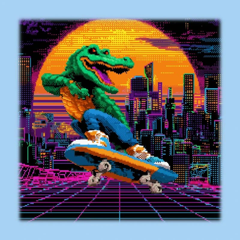 Skating Pixel Krokodil im Retro 80s Synthwave