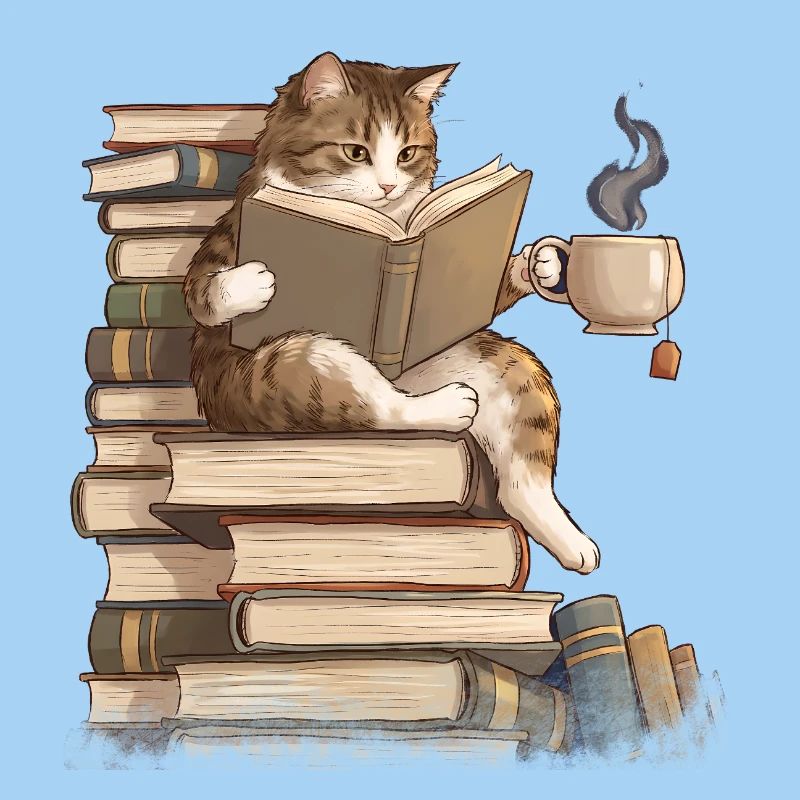 Katze liest Bücher
