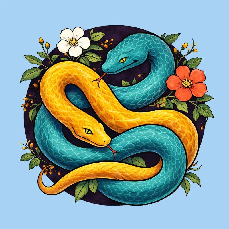Deux serpents python dans l’anneau fleuri