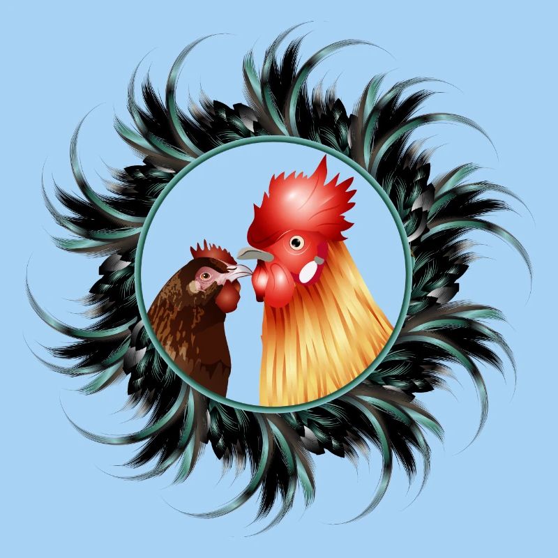 Coq avec poule dans le cadre de plumes