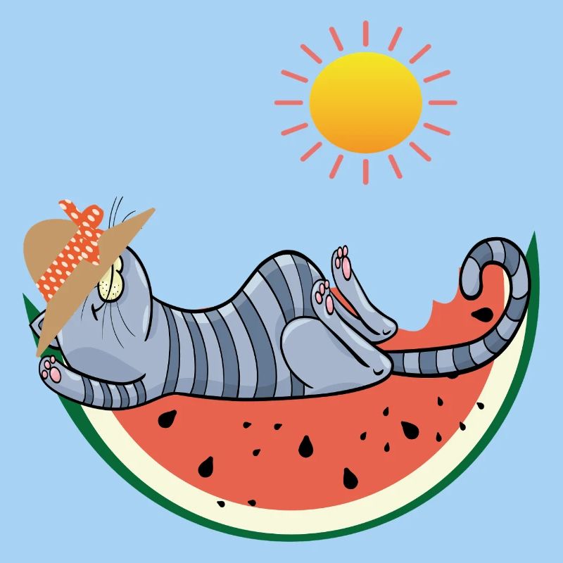 Katze mit Melone im Sonnenschein