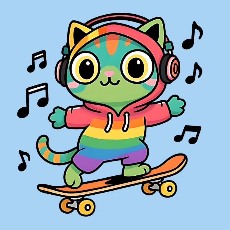 Regenbogenkatze auf Skateboard