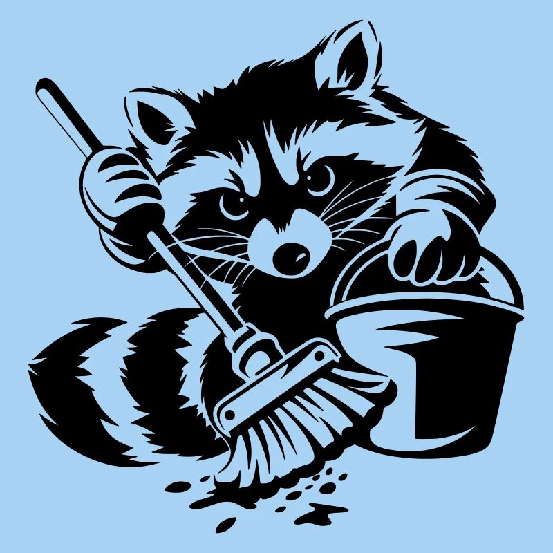 Waschbär mit Eimer & Mopp