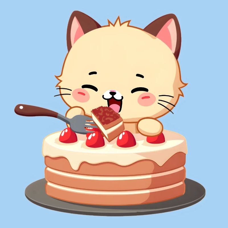 Le chat mange du gâteau