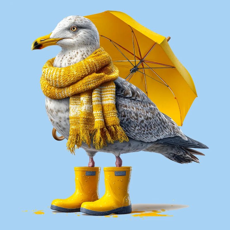 Seemöwe mit Gelbem Regenschirm und Boots
