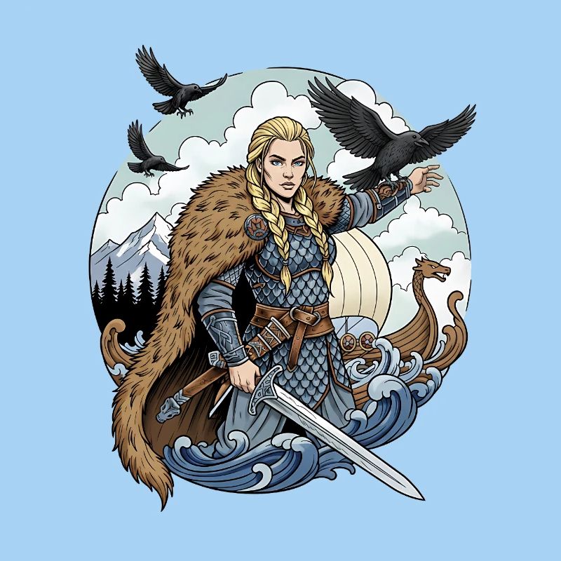 Femme viking armée d’une épée dans la tempête