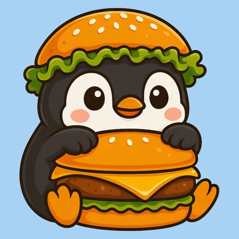 Süßer Pinguin mit Hamburger Cheeseburger Fast