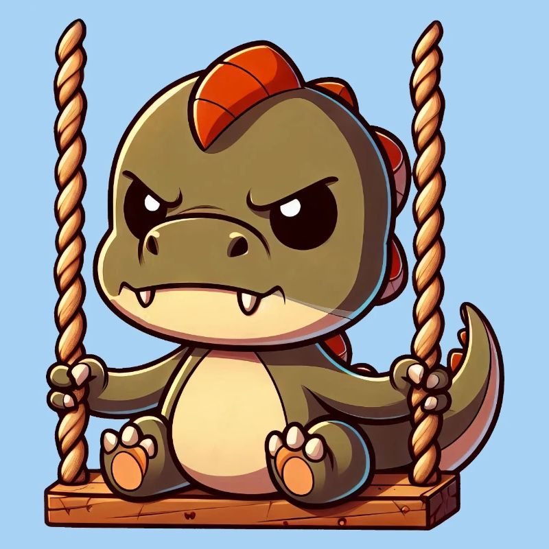 Grumpy T-Rex on swing annoyed offended
