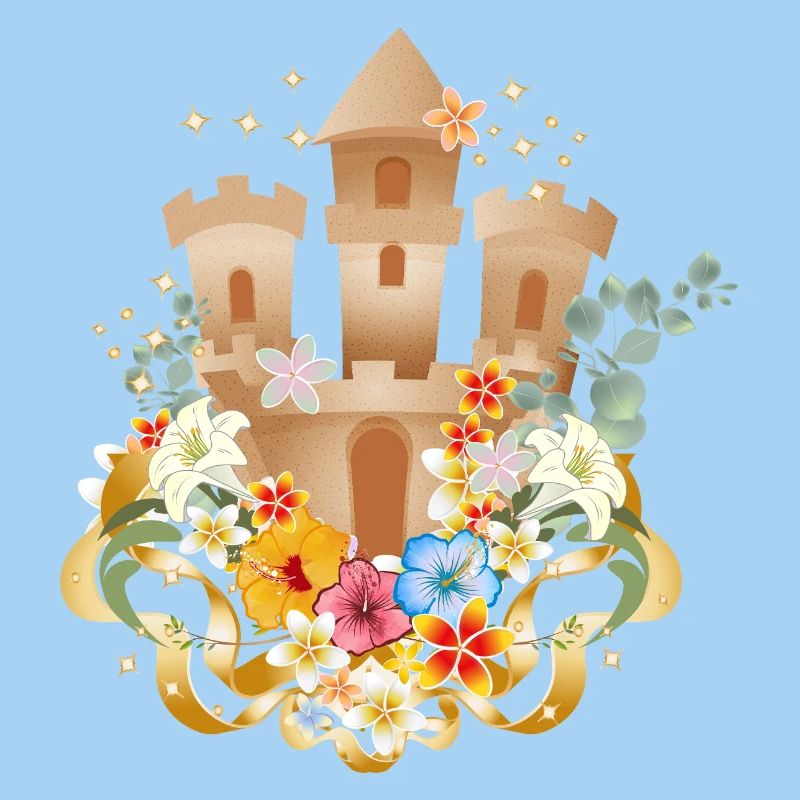 Château de sable avec des fleurs exotiques sur la plage