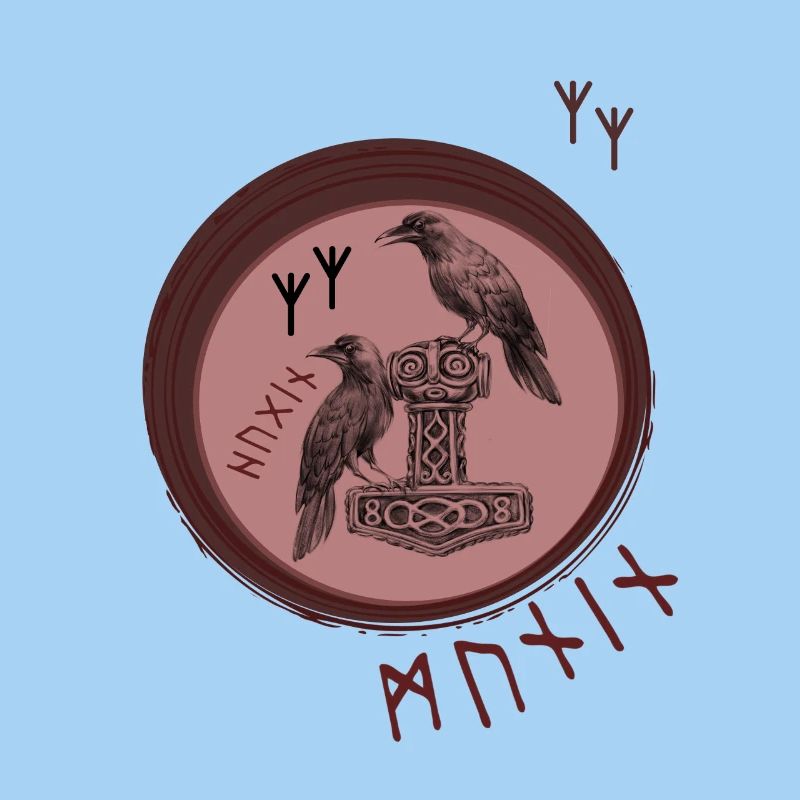 Thor Hammer Mjölnir with Odin Ravens Hugin and Munin