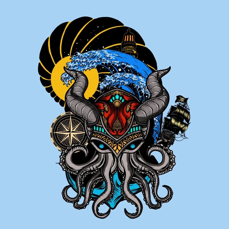 Lustiger Oktopus mit Hörnern und Boot