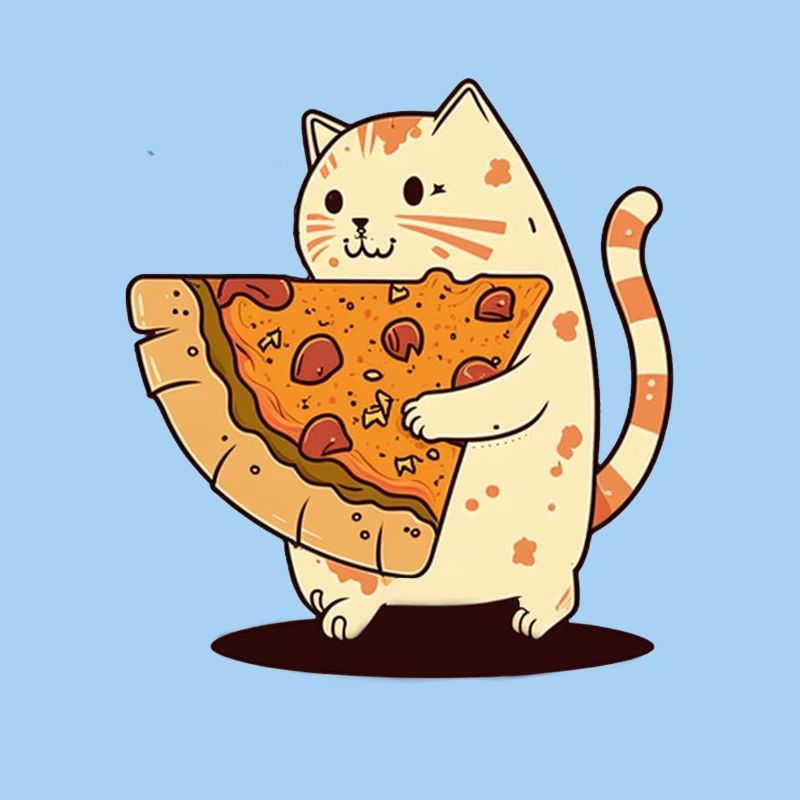 Le chat porte une tranche de pizza