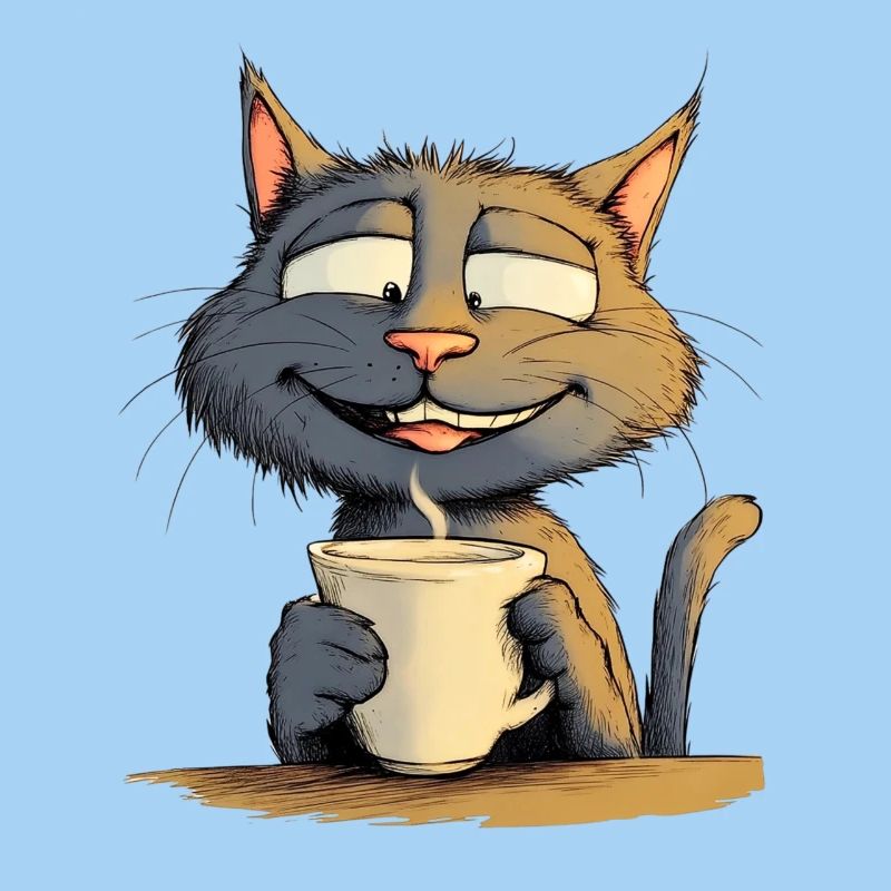 Satisfied Cat with Coffee - Comic Style