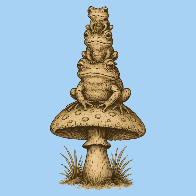 Totem de grenouille sur pile de champignons