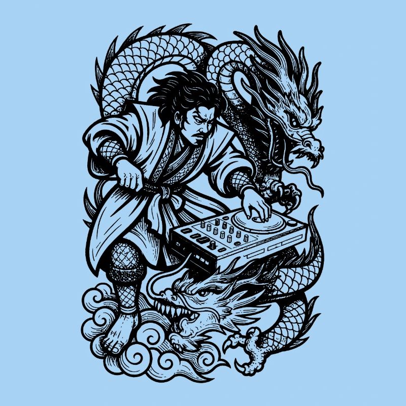 DJ Shirt: Samurai am Techno Mischpult mit Drachen