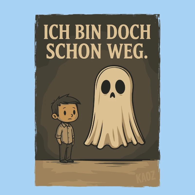 Junge mit Geist und Text „Ich bin doch schon weg“