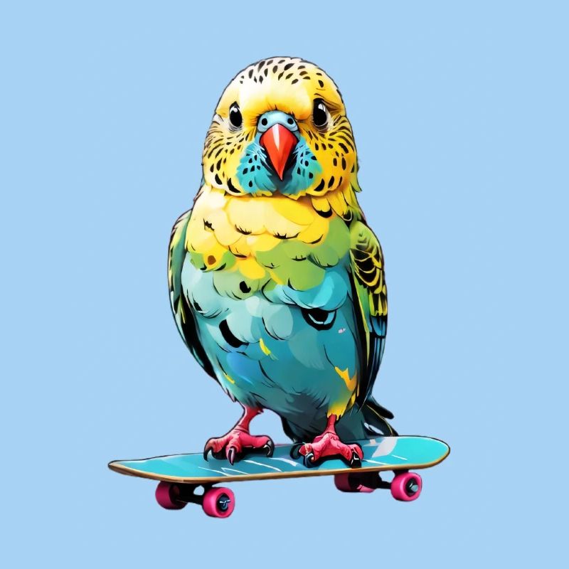 Happy budgie on skateboard