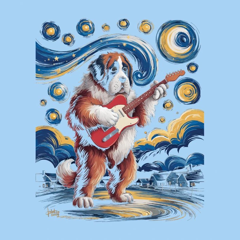 Dog with guitar under starry sky