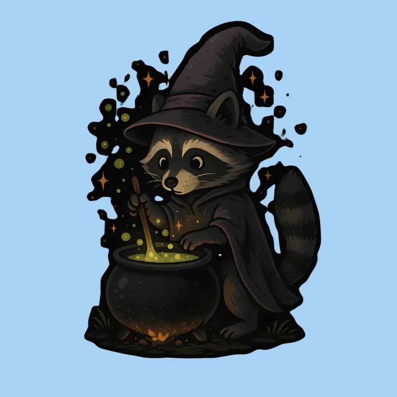 Magic raccoon as a witch with magic potion