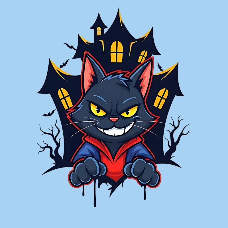 Chat souriant devant une maison hantée