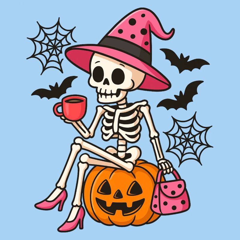 Pink Cute Halloween Witch Skeleton