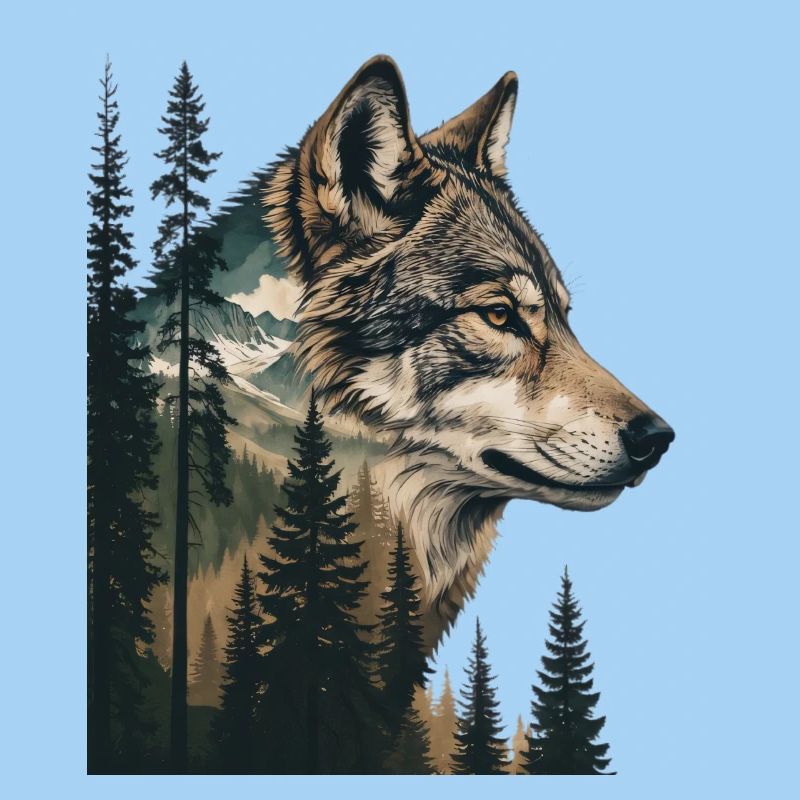 Waldwolf Portrait mit Bergen