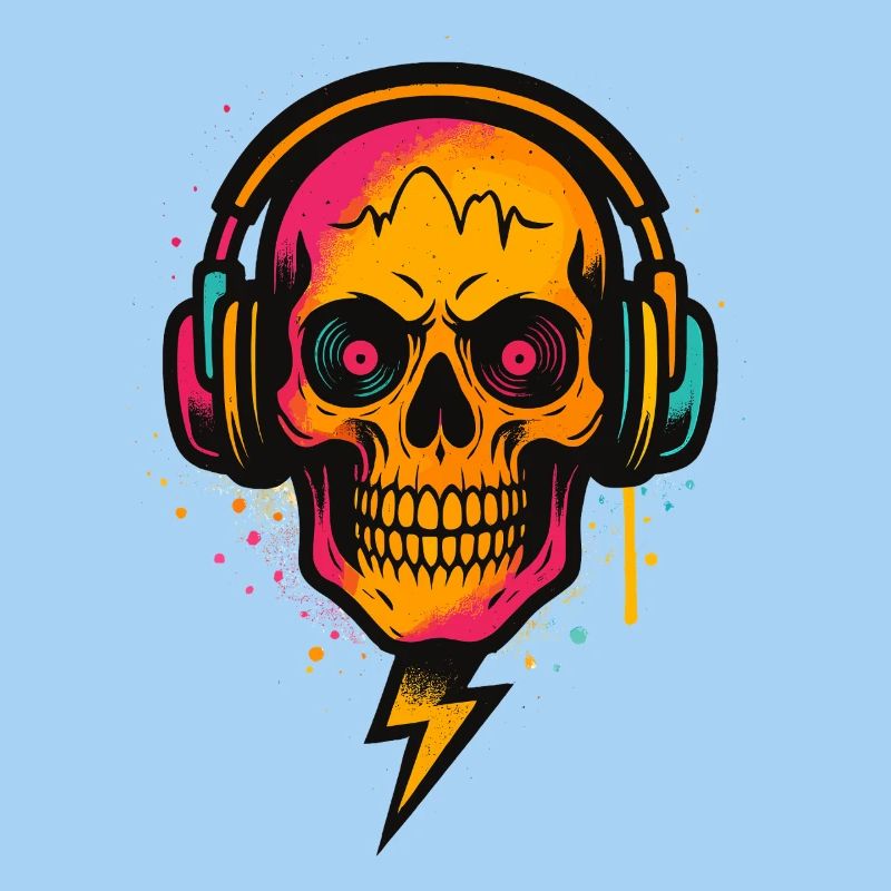 Neon Schädel DJ, Techno Rave, Kopfhörer Kunst