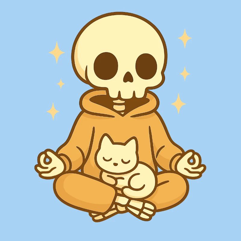 Squelette de méditation avec chat – Douillet et mignon