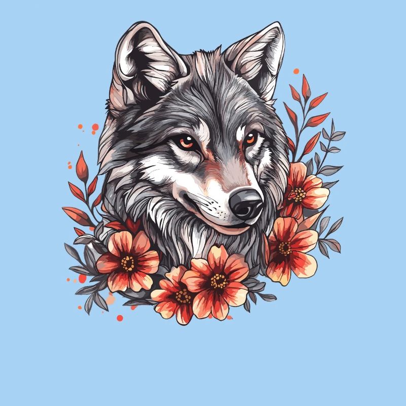 Wolfskopf mit Blumenring