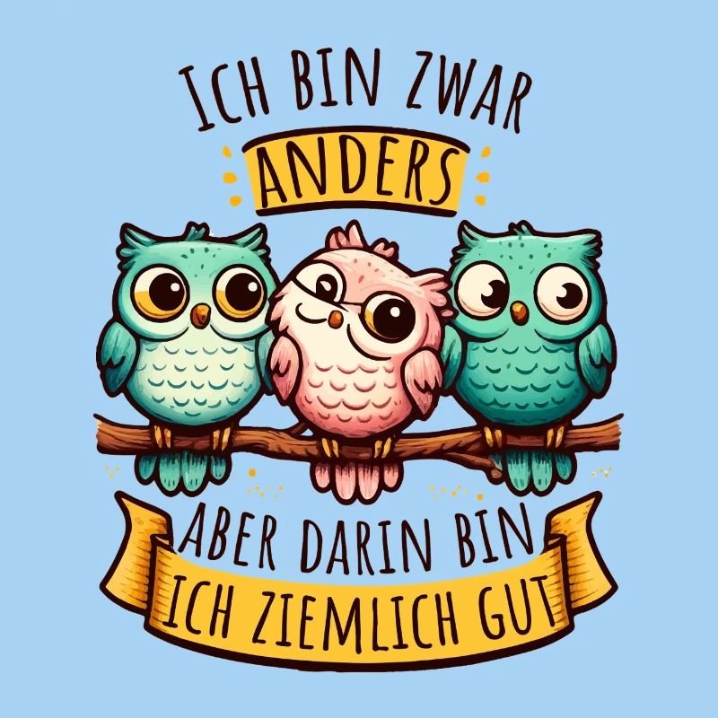 Anderssein Spruch mit bunten Eulen