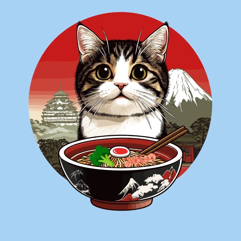 Chat avec des ramen devant le décor du Japon