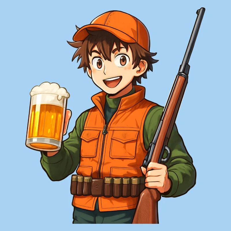 Jägerheld mit Bier und Flinte