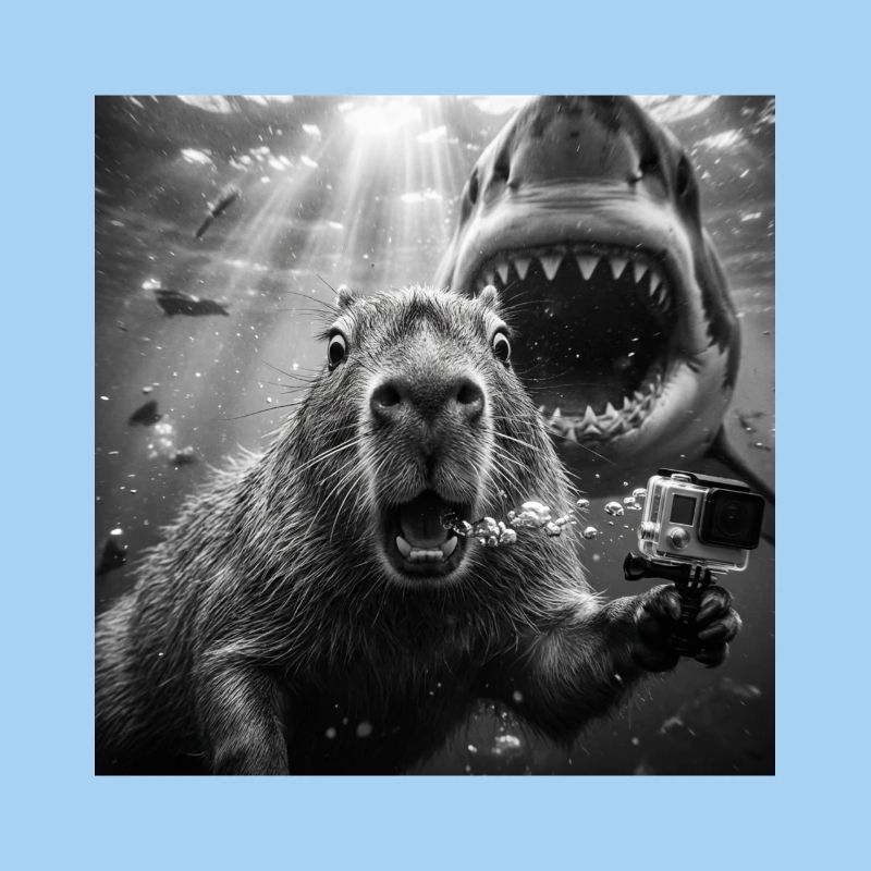 Capybara underwater selfie with shark