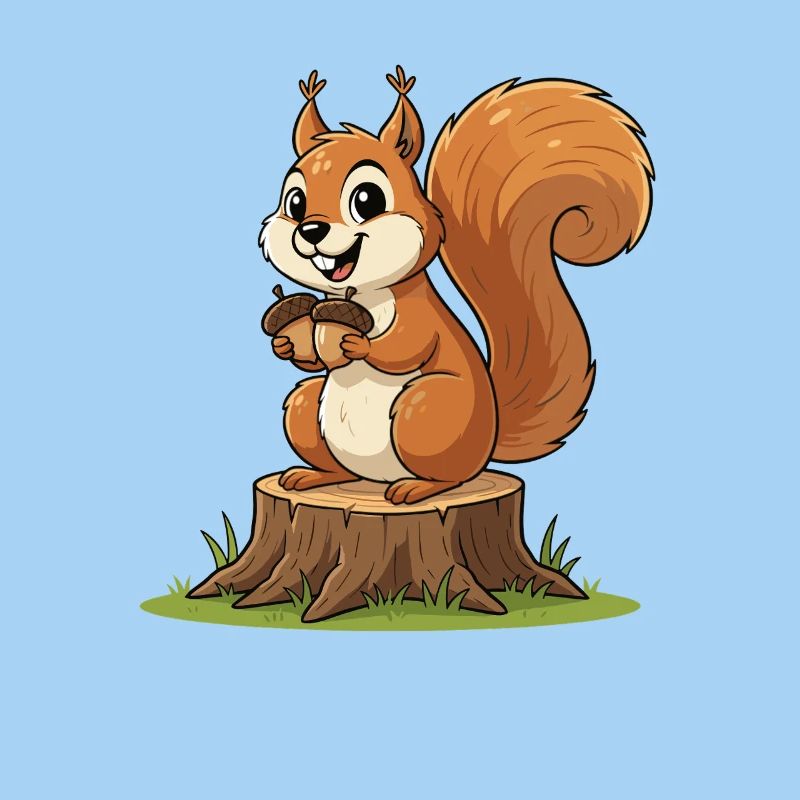 Eichhörnchen am Baumstumpf mit Eichel