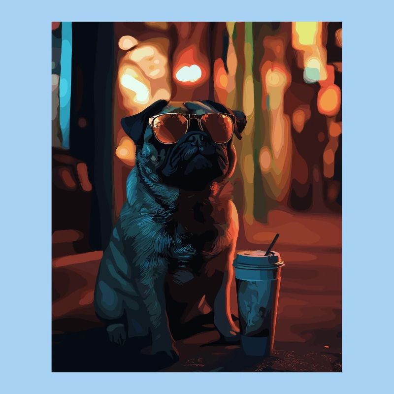 Mops mit Sonnenbrille und Eiskaffee