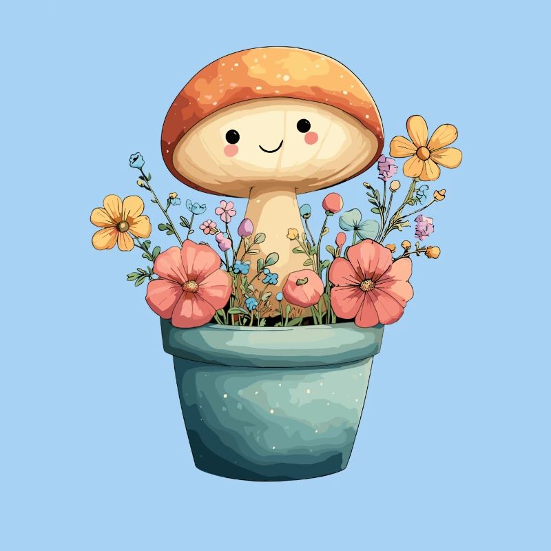 Un champignon joyeux dans un pot de fleurs